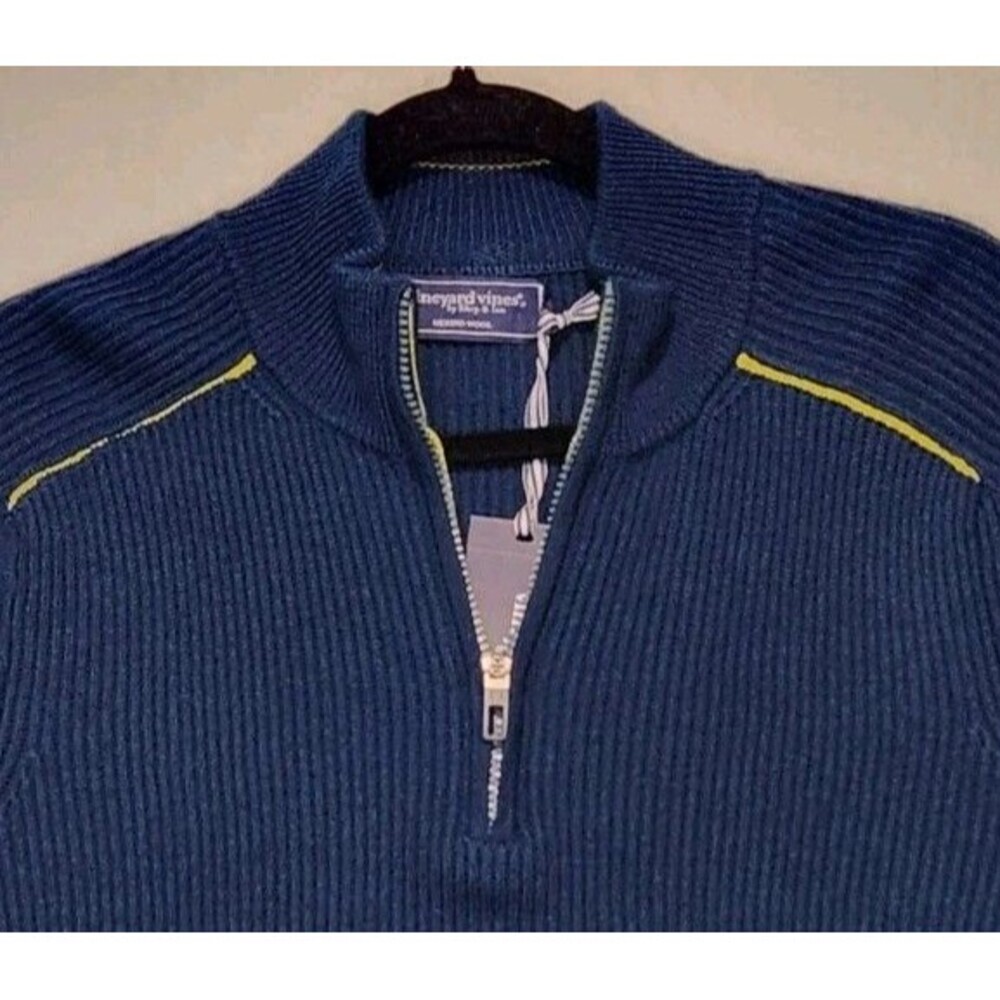 New Vineyard Vines Mens Med Merino Wool OTG Rib Ski Quarter Zip Sweater Teal Bay - Picture 2 of 12